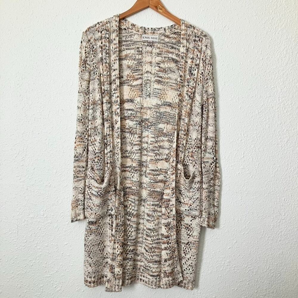 Knox Rose Womens Open Front Cardigan Cream Black Rust Marled Knit Sweater Sz M